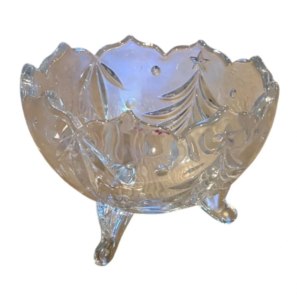 Vintage Heavy Cut Crystal 3 Footed Christmas Tree Star Candy Dish Bowl 5 7/8